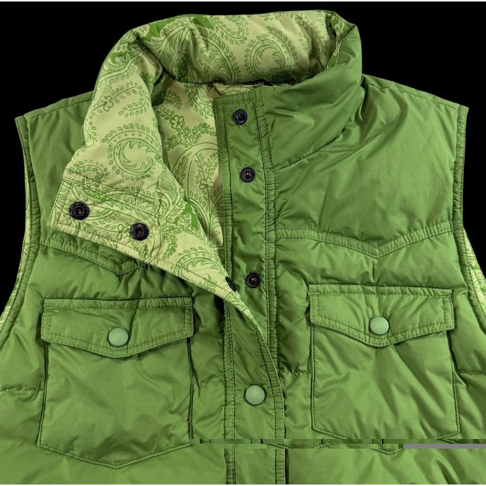 Lands' End Women's Goose Down Puffer Vest Green Paisley Snaps Reversible Small